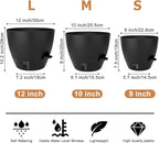 QRRICA Self-Watering Plant Pots with Water Level Indicator, Drainage Holes & Saucers – 12/10/9 Inch Large Plastic Planter Set for Indoor & Outdoor Plants (Pure Black)