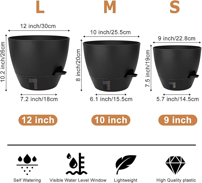 QRRICA Self-Watering Plant Pots with Water Level Indicator, Drainage Holes & Saucers – 12/10/9 Inch Large Plastic Planter Set for Indoor & Outdoor Plants (Pure Black)
