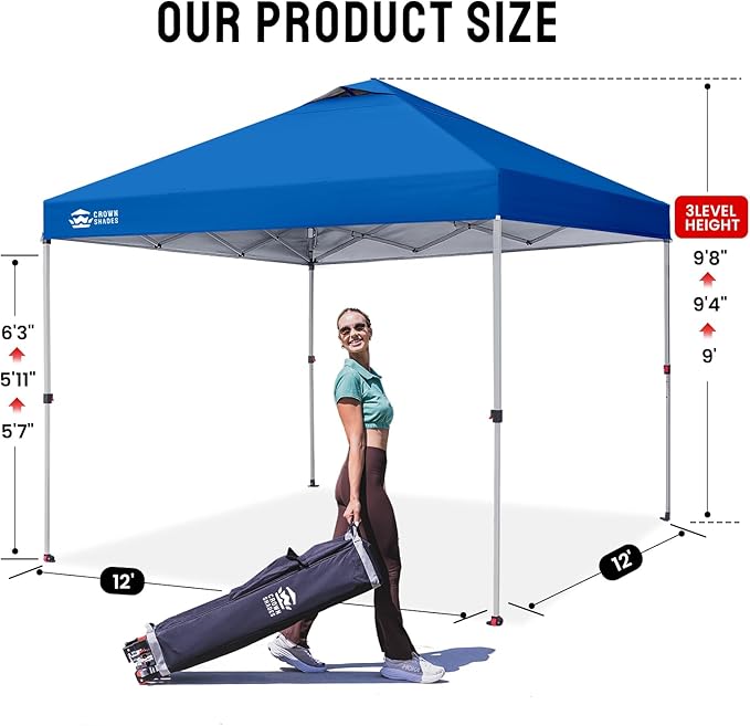 CROWN SHADES 12x12 Pop Up Canopy Outside Canopy, Patented One Push Tent Canopy with Wheeled Carry Bag, Bonus 8 Stakes and 4 Ropes, Blue