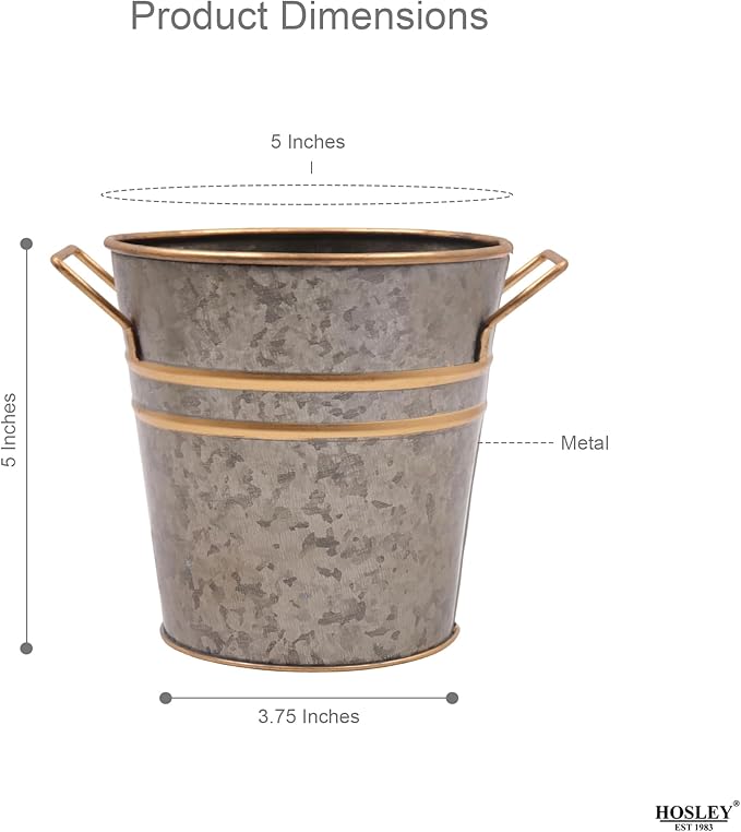 Hosley Set of 3 Zinc Finish Bucket/Pots with PVC Liner 5" Dia x 5" H, Ideal Gift for Floral Arrangements Wedding Home Office Party DIY Indoor Outdoor Garden Patio