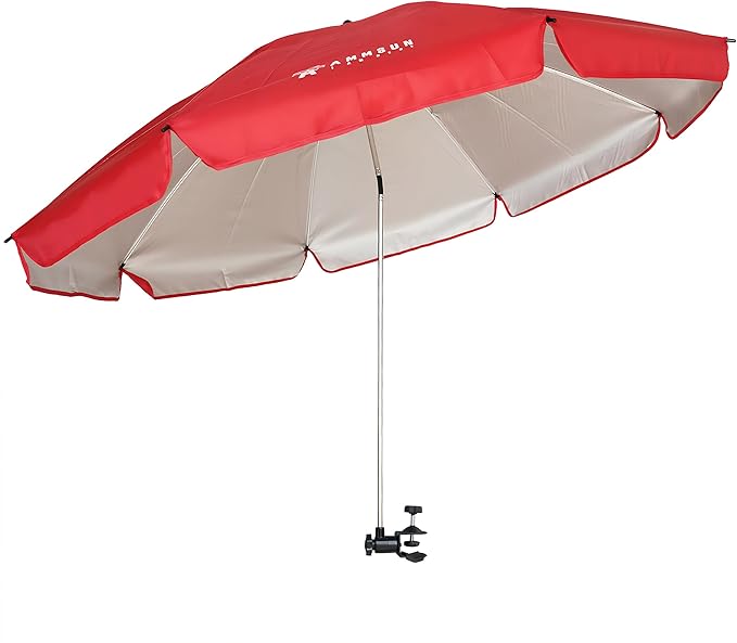 AMMSUN XL Chair Umbrella with Universal Clamp Adjustable 47 inches and 360-degree Swivel UPF 50+, Portable Clamp on Camping or Beach Chair, Stroller, Wheelchair, Golf cart, Red, Large-sized