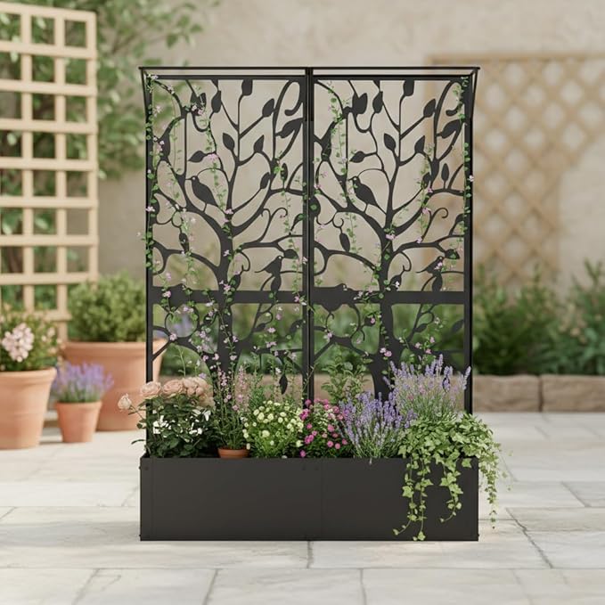 Metal Planter Box with Trellis, Tall Raised Garden Bed for Patio, Outdoor Privacy Planters for Climbing Plants, Vegetables, Fruits, Balcony, Outside, 62.4 x 12.2 x 44.6 Inch, Black