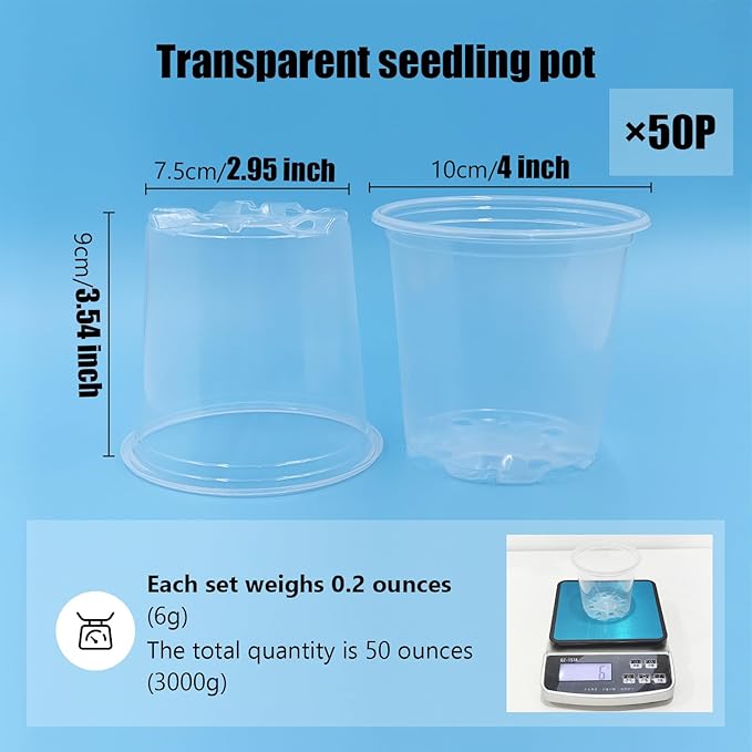 RooTrimmer 4" Clear Seeding Pots 50-Pack Round for Seeds Starting, Seeds Germination Transparent Nursery Pots with Drainage Holes (4Inch,Clear,50Pcs)