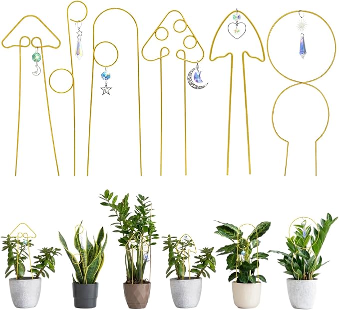 6Pack Small Trellis for Potted Plants Indoor with Crystal Sun Catcher, Golden Metal Plant Stake for Home Window Garden, Plant Accessories Indoor Decoration (Gold)