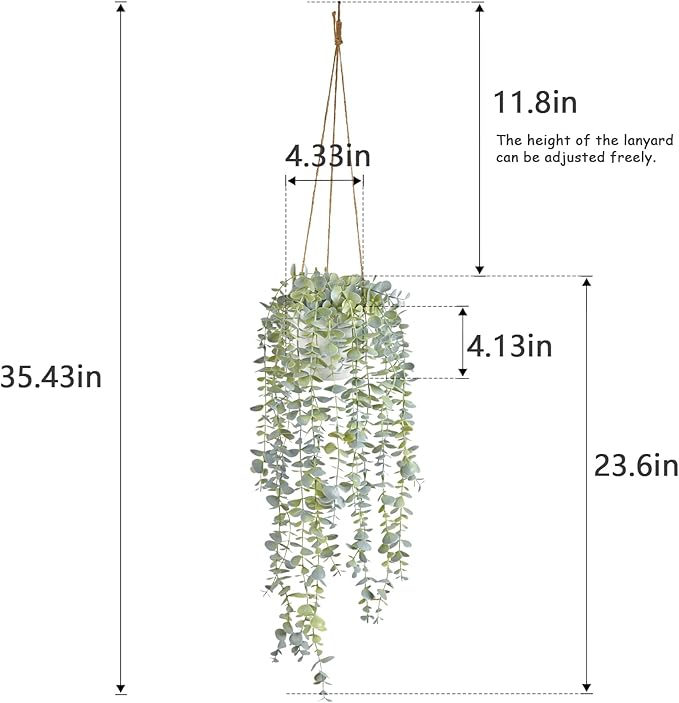 Decorative Hanging Plants for Shelf, Faux Ivy Eucalyptus Vine, Fake Greenery in White Pot with Lanyard (Full, Large Pot)