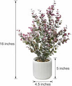 16.5" Artificial Eucalyptus Plant in White Ribbed Ceramic Pot Purple Faux Potted Greenery Tall Desk Plant for Home Office Shelf Table Bathroom Decor Maintenance Free