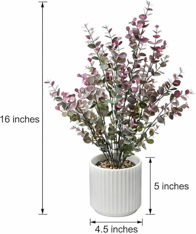 16.5" Artificial Eucalyptus Plant in White Ribbed Ceramic Pot Purple Faux Potted Greenery Tall Desk Plant for Home Office Shelf Table Bathroom Decor Maintenance Free