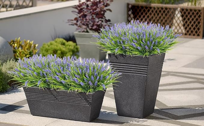 obbsie 36 Bundles Artificial Plants Outdoor, 18.2" UV Resistant Faux Monkey Grass Greenery Stems No Fade Faux Plastic Flowers Shrubs for Home Weddings Garden Porch Front Patio Office Decor - Purple