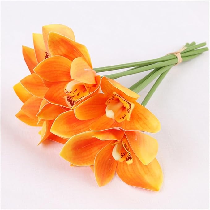 3 Bunches of 18 Tactile cymbidium Orchids Small Bunches of Flowers Hand-Tied Flowers Home Living Room Table Decoration Artificial Flowers Ornaments(Orange)