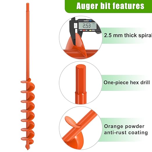 Insaga Auger Drill Bit for Planting 2x32 Inch, Heavy Duty Garden Earth Auger with Safety Edges & Orange Anti-Rust Coating, Compatible with Cordless Drills for Clay/Rocky Soil/Sandy Lawn (Hex Shank)