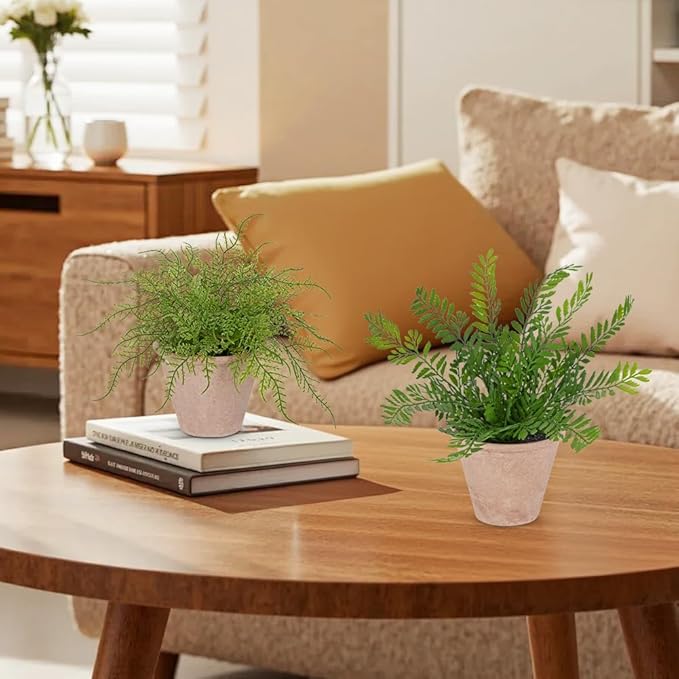 2 Pack Artificial Fern Potted Plant, Fake Plants in Pot, Small Faux Fern Plant for Home Office Farmhouse Living Room Bathroom Kitchen Tabletop Desk Shelf Decoration