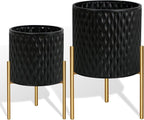ARNIS Plants Pots with Stand, Large Size Flower Pots, Set of 2 Unique Mid Century Decorative Metal Flower Pots with Drainage,10.5&12.25 Inch, Black