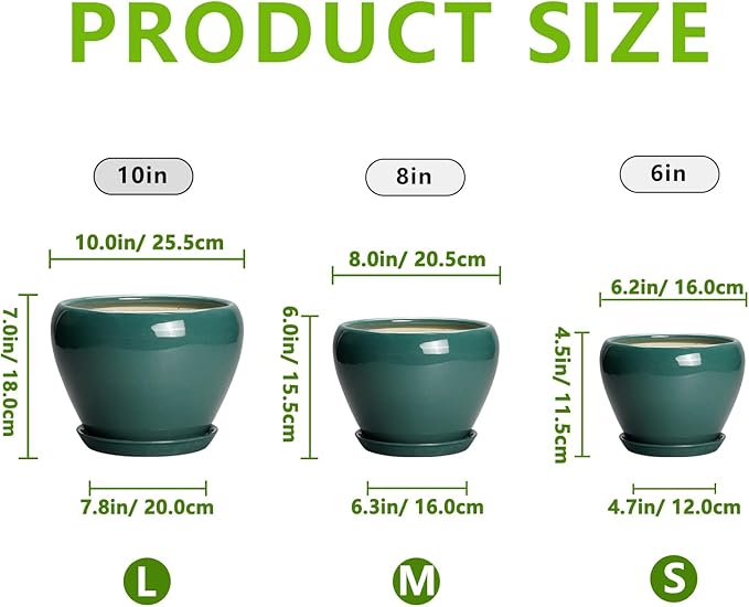 Ceramic Pots for Plants, 10+8+6 Inch Ceramic Plant Pot for Indoor Outdoor Plants, Round Indoor Flower Pots with Drainage Holes and Saucers, Garden Decor, Gift for Women, Set of 3, Dark Green
