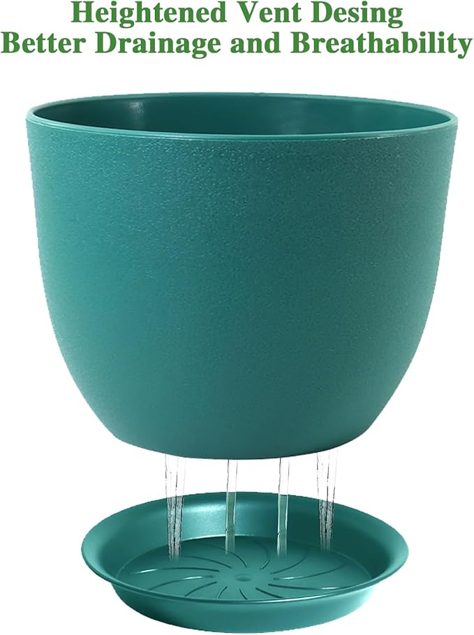 UOUZ 12/10/9 Large Modern Plant Pots, Plastic Planters with Drainage Holes and Saucers for Indoor Outdoor Plants Flowers, Malachite Green