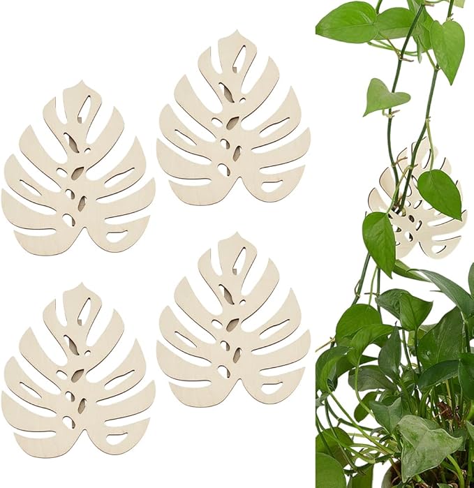 FINGERINSPIRE 4Pcs Wall Vine Holder Wooden Monstera Leaf Wall Mount for Climbing Plants 4.3x5.3inch Floral White Plant Wall Fixtures Wooden Leaf Trellises for Vines Houseplant Home Office Decoration