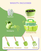 8Pcs Kids Gardening Set with Metal Basket & Real Metal Tools, STEM Outdoor Kit, Ergonomic Wooden Handles, 3 Shovels, Rake, Watering Can, Gloves, Tote Bag, Gift for Toddler Boys Girls, Green