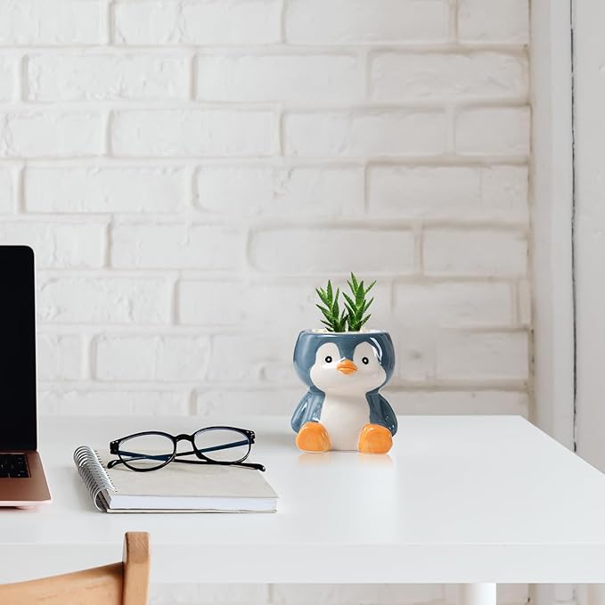 DIYOMR Cute Animals Planter, Mini Ceramic Cartoon Animal Shaped Succulent Flower Pot Indoor Air Plants Holder, Smooth Shiny Decorative Flower Cactus Planter - Plants Not Included (Penguin)