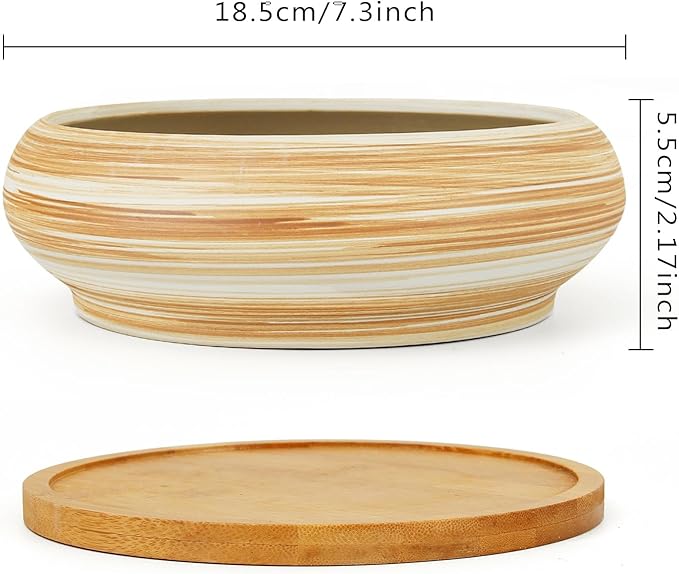 ARTKETTY Succulent Pots - Ceramic Bonsai Pots with Drainage Tray, 7.3 Inch Large Plant Pots Shallow Succulent Planters for Indoor Plants Decorative Cactus Flower Planter Bowl