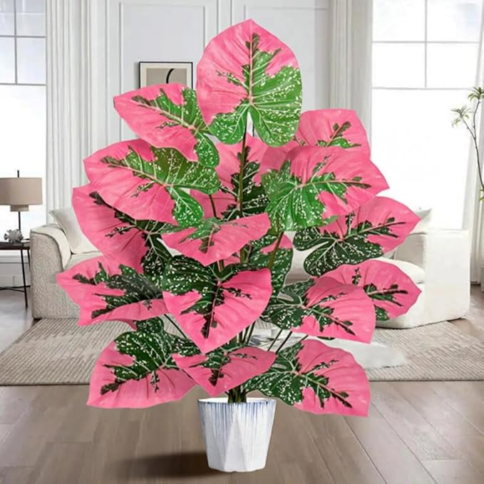 Artificial Caladium Plant with Red and Green Leaves, Red Leaf Artificial Plants Decoration Simulated Bonsai Potted Decor Home Room Party Wedding Office Floor(Rosered(No Flowerpot), 85cm)