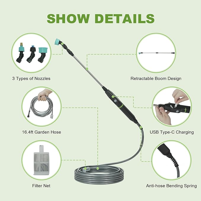 Electric Sprayer Wand, Adjustable Nozzle Telescopic Design with 16.4FT Hose, Upgrade Rechargeable Battery ensure Long Runtime, Lightweight Cordless Tool for Weed Control & Plant Watering