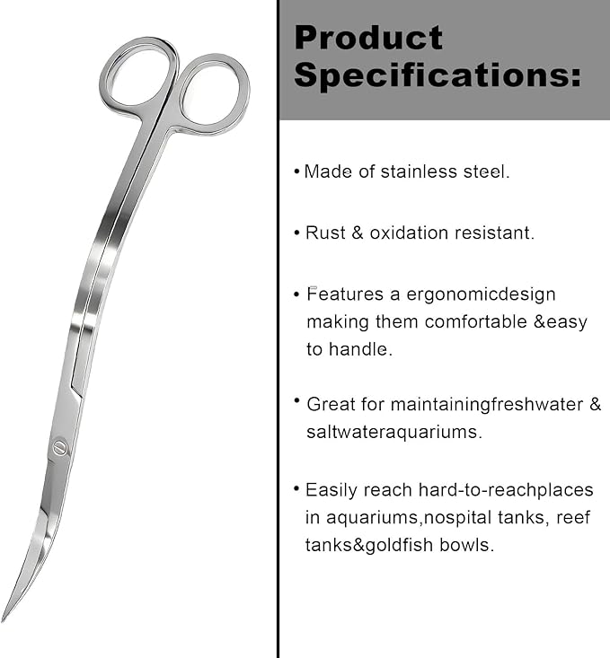 Extra Long Curved Aquarium Scissors, Stainless Steel Tools for Trimming Aquatic Plants, Professional Wave Scissors for Fish Tank, Aquarium & Terrarium, Ambidextrous Design