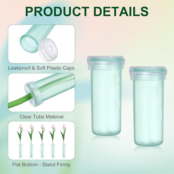 MECCANIXITY 60 Pcs Floral Water Tubes, 2 Inch Clear Flower Water Tubes Floral Vials with Plastic Caps for Fresh Flowers Arrangement Decor Milkweed Cutting Florist Supplies, Green
