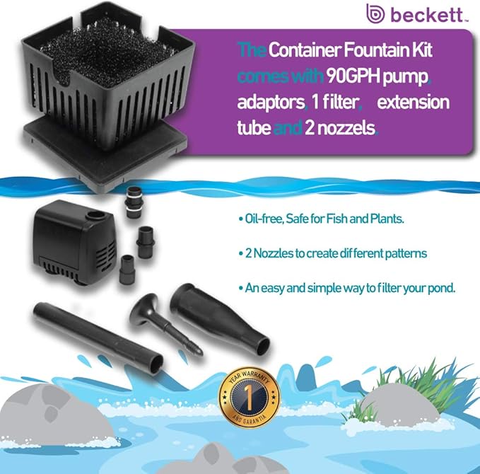 Beckett Corporation CGFK60 7207210 120 GPH 5 Watt Container Fountain Pump Kit for Patio Ponds, Container Fountains, Indoor and Outdoor Fountains, Black