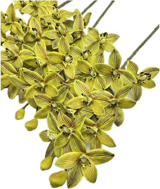 4pcs Artificial Cymbidium Orchid Flower Plant 3D Print Vanda 10 Heads Latex Phalaenopsis Flower (Light Green)