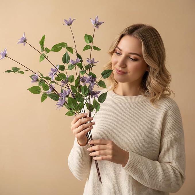 4pcs Blue Purple Artificial Clematis Flower Branches Greenery Stems, 29.5" Long Stem Realistic Silk Faux Flower Plants for Vase, Home Wedding Office Table Centerpiece Decor