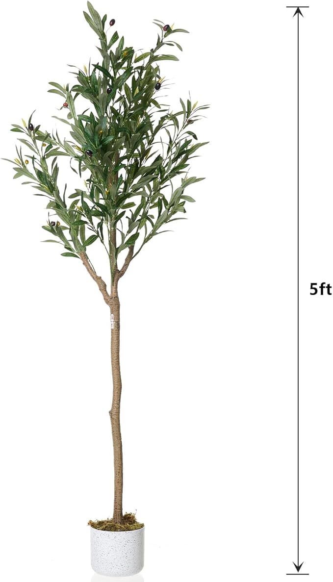 Garvee 4.9 ft Tall Artificial Olive Tree, Potted Fake Olive Plant with Lifelike Leaves & 22 Fruits, Decorative Evergreen Faux Plant Trees for Home Indoor Outdoor Living Room Office