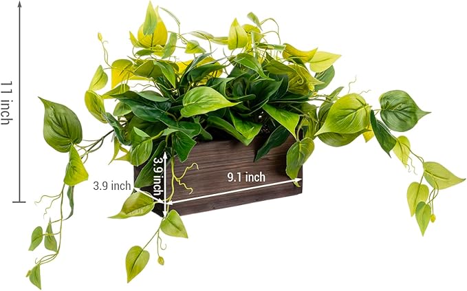 MyGift Vibrant Lifelike Artificial Plant Pothos Leafy Vine Greenery in Burnt Brown Solid Wood Rectangular Planter Box