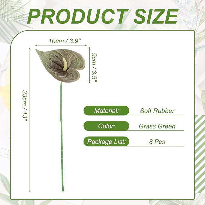 uxcell 8Pcs 11inch Artificial Anthurium Lily Flowers, Permanent Flower Bouquet for Home Arrangements Wedding Festival Decoration Crafts Store Decor Accessories, Grass Green