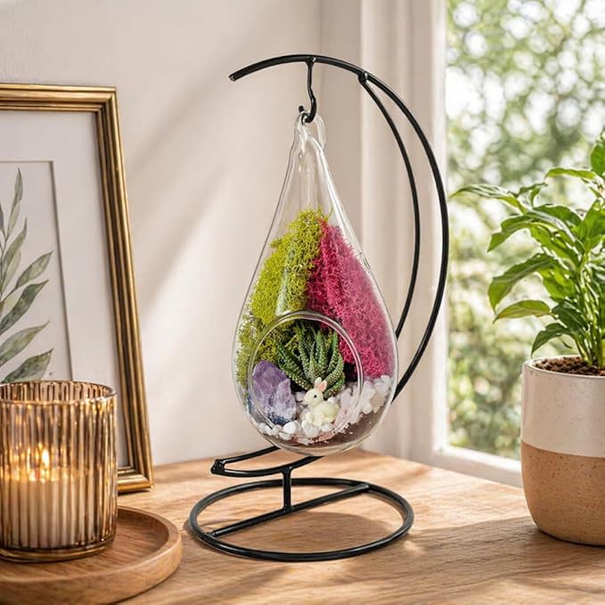 Creations by Nathalie DIY 7" DIY Teardrop Terrarium Kit - Build Your Own Glass Terrarium for Adults & Teens with Moss, Crystals, Tools & Decorative Figurine - Mini Ecosystem (Plant Not Included)
