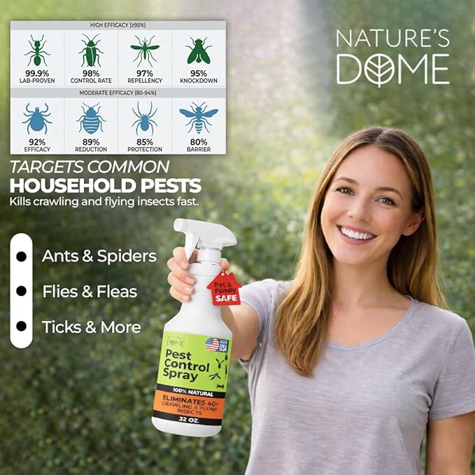Nature’s Dome Pest Control Spray 32 Oz | 100% Natural Ant Killer & Bug Spray for Indoor & Outdoor Use | Eco-Friendly Bug Spray for Flea, Ticks, Ant & Mosquitos | Safe for Pets and Kids