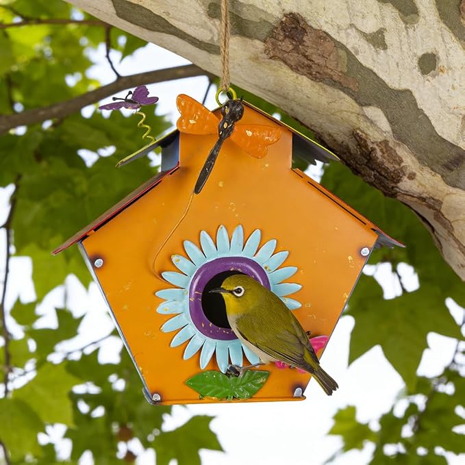 DREAMSOUL 37" Bird Houses for Outside, Hanging Bird House with 3D Design Metal Birdhouse Pole for Patio Yard Garden