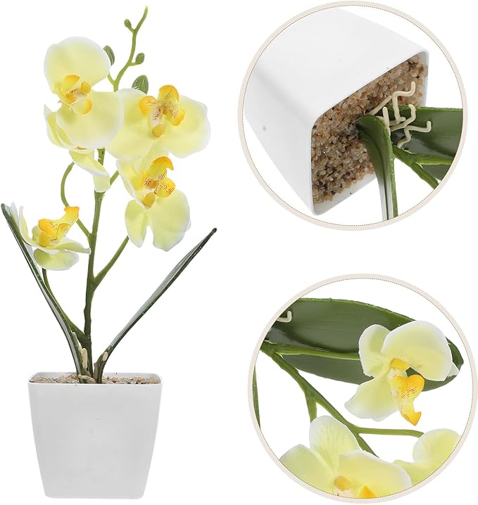 Artificial Orchid Plant Faux Orchid Flowers with Yellow Plastic Pot Fake Flower Arrangement for Home Decoration Living Room Dining Table Centerpiece