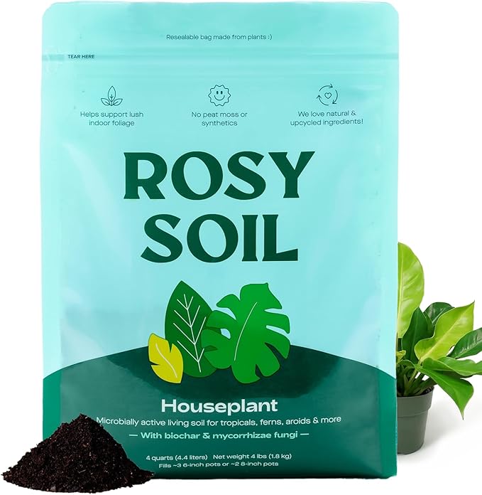 Rosy Soil Indoor Potting Soil for House Plants - Organic Potting Soil Mix for Indoor Plants - Enriched w/Root-Boosting Biochar for Foliage Plants, Flowers, Herbs - Peat Free, Less Prone to Gnats - 4qt