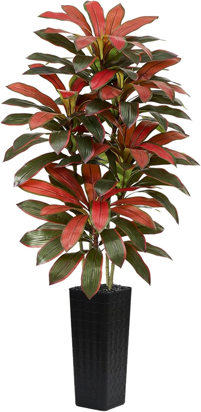 Artificial Red Dracaena Tree - 7FT Tall Fake Plants with Black Square Planter - Artificial Plants Indoor Floor Plant in Pot - Large Tropical Fake Yucca Potted Tree for Home Office Living Room Decor