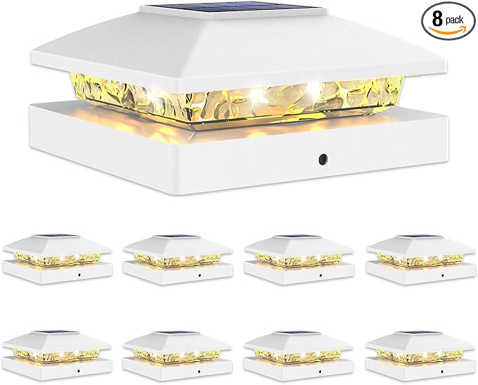 VOLISUN 4x4 Solar Cap Light 8pack, Solar Fence - Post Lights Outdoor Waterproof for Wood/Vinyl, White Deck Cap Light Solar Powered with Warm White for Garden/Patio/Porch