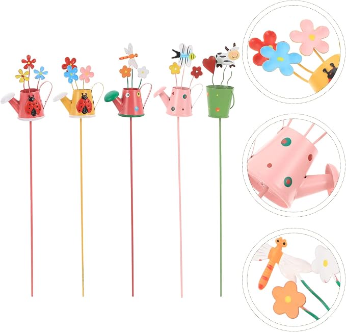 5pcs Metal Decoration Garden Decor, Watering Can Shape Plant Stakes, Stakes for Indoor and Outdoor, for Potted Plants, Greenhouse or Patio