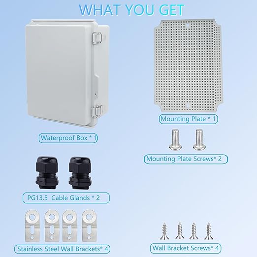 Waterproof Junction Box, ABS Plastic Electrical Box with Stainless Steel Latch, Hinged Cover Electric Project Enclosure Box with Mounting Plate, Wall Brackets & Cable Gland 8.7"x6.7"x4.3"