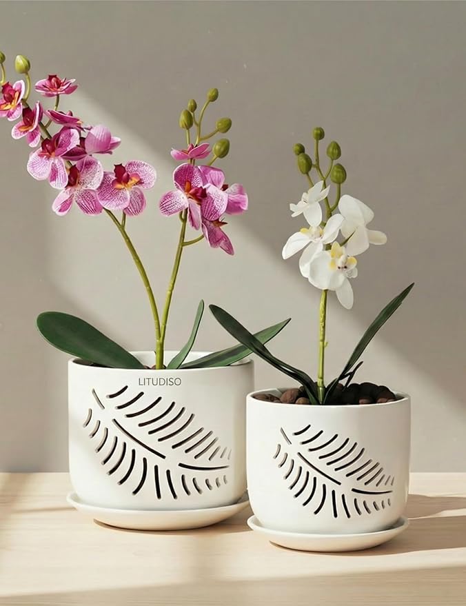 Set of 2 Orchid Pots with Holes, 5 and 6 Inch Ceramic Plant Pots for Plant Lovers – Great for Drainage & Airflow, Indoor/Outdoor Use, Perfect for Repotting