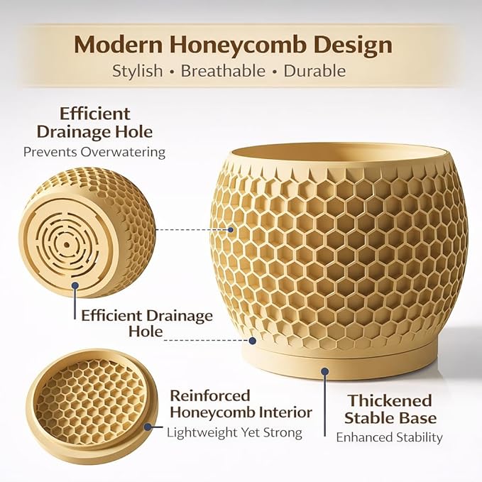 Plant Pots, Modern 3D Printed Honeycomb Planters for Indoor Plants, 4.7/6/8 Inch Wood Decorative Flower Pot for Office Desktop, Bookshelf & Home Decor, Lightweight & Durable