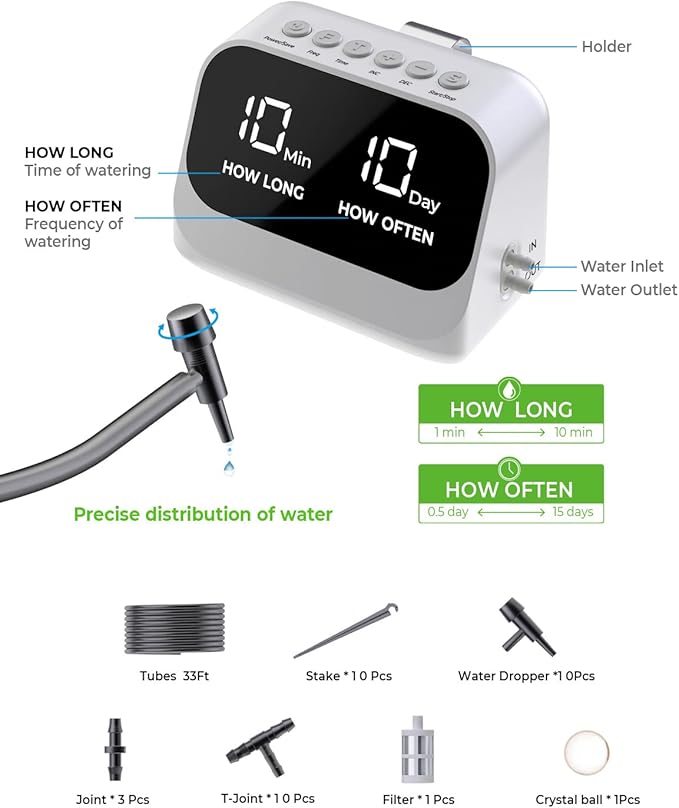 Automatic Watering System for Potted Plants, Plant Waterer, DIY Drip Irrigation Kit with Smart Timer, Waterproof LED Display & Large Capacity Battery, Precise Distribution of Water (White)