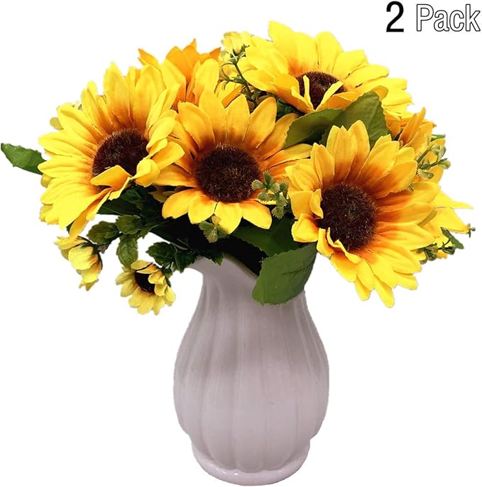 PASYOU Artificial Sunflower Plastic Fake Flowers Sunflowers for Indoor Outdoor Wedding Bridal Bouquet Home Garden Party DIY Wreath Table Arrangement Decoration Pot Planter Filler 2 pcs