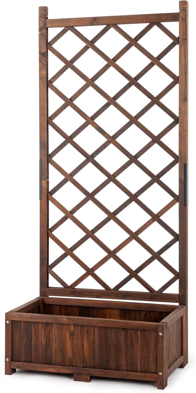 Wood Planter Raised Garden Bed,with Trellis,29.5 x 16.9 x 67'' Outdoor Raised Garden Bed with Drainage Holes, Free-Standing Trellis Planter Box for Vine Climbing Flowers in Garden