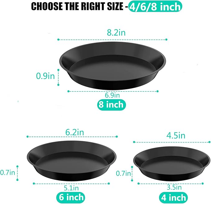 6 Pack Plant Saucer 4 6 8 Inch Plastic Plant Tray, Sturdy and Durable Flower Pot Container Accessories Plant Pot Saucers for Indoor and Outdoor (4 6 8 Inch, Black)