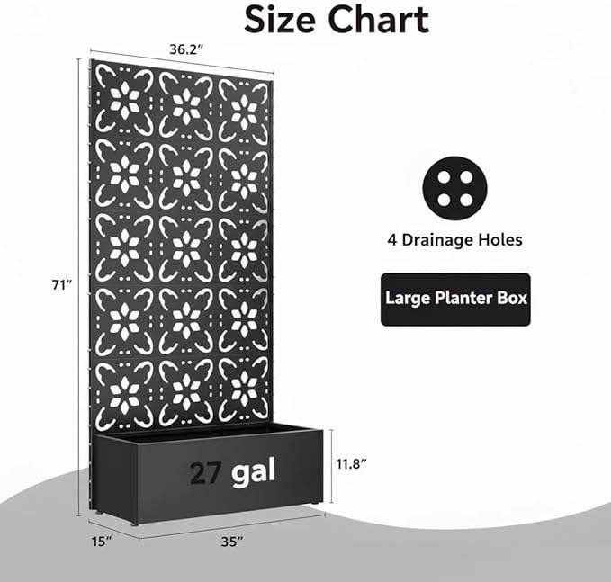 QINPTWUT Cottage Romance Edition Privacy Screen Planter Box with Trellis, Metal Raised Garden Bed for Climbing Plants, 27 Gallon Outdoor Divider for Patio Balcony Backyard, Easy Assembly