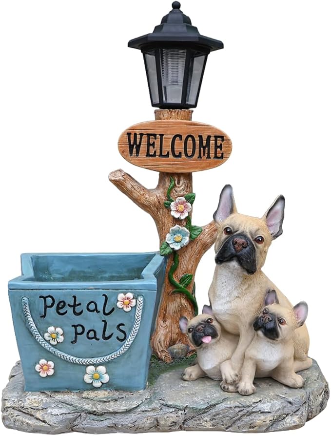 Animal Outdoor Statue Planter Solar Light Welcome Garden Sculpture Resin Flower Pot Decorative Porch Patio Yard Lawn Entryway Figurine with LED Lamp Rustic Plant Holder Ornament Courtyard (J)