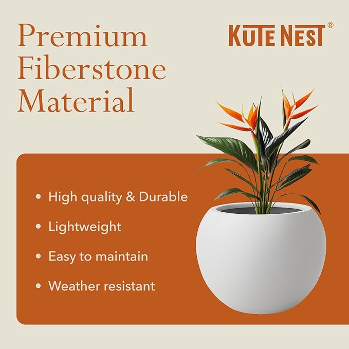 12.8" H x 16" D Premium Globo Fiberstone Round Planter - Smooth Finishes, Weather Resistant for Indoor & Outdoor Use, Included 2 Extra Coco Mats (Light Gray, 10.7" Pot Opening)
